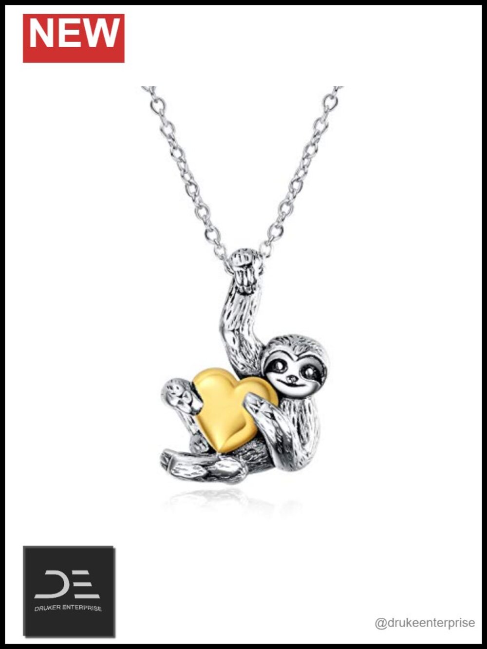 Sloth Pendant Necklace 925 Sterling Silver with Heart Charm Gift for Women Men